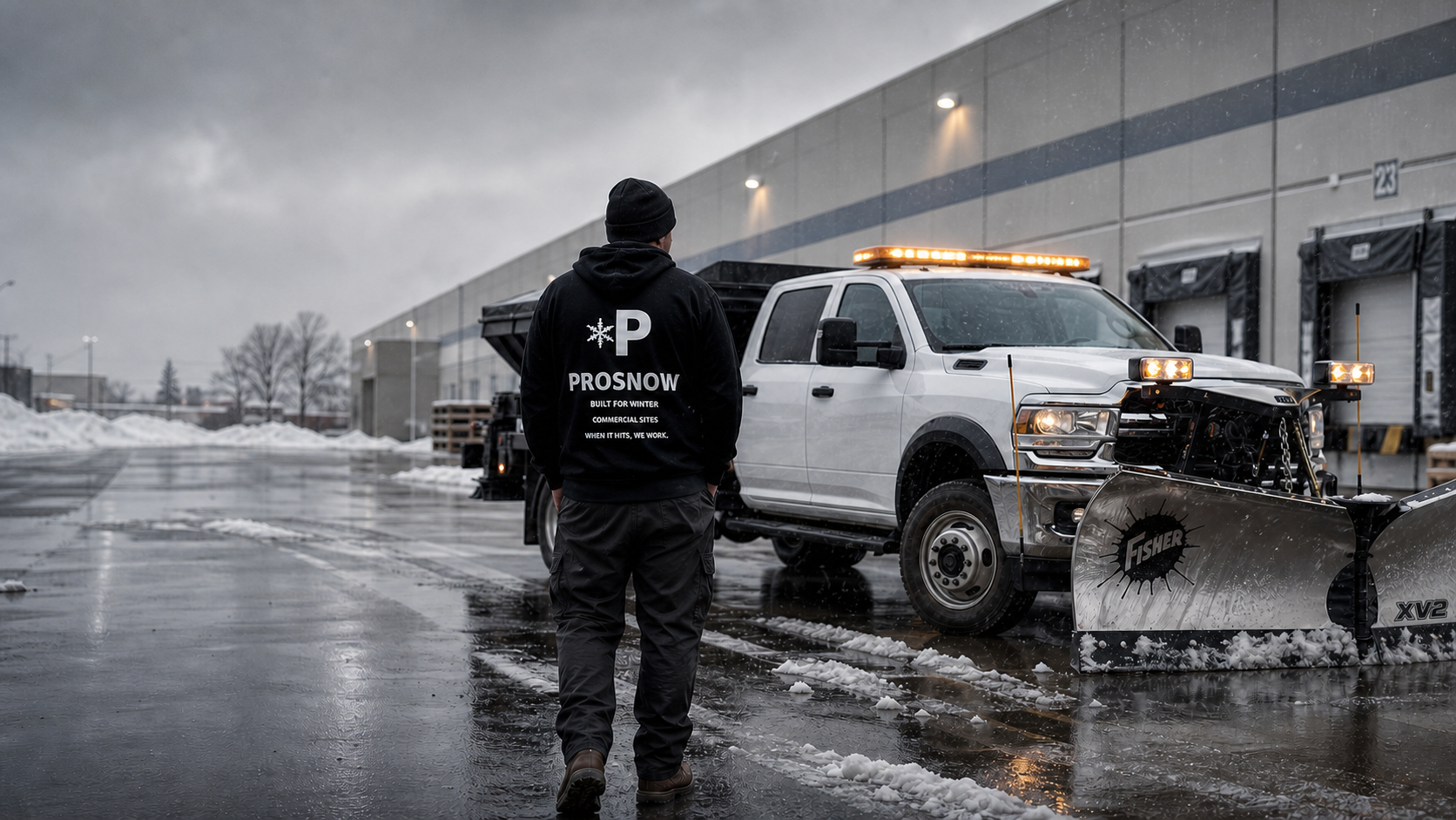 ProSnow commercial snow worker beside a 3500-class dually with an amber light bar, XV2 V-plow, and hopper salter